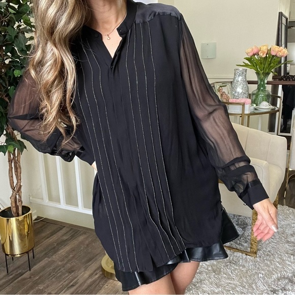 Elie Tahari Tops - Elie Tahari Gilberta Black Mixed-Silk Blouse Button Down Sheer Sleeves Satin XL